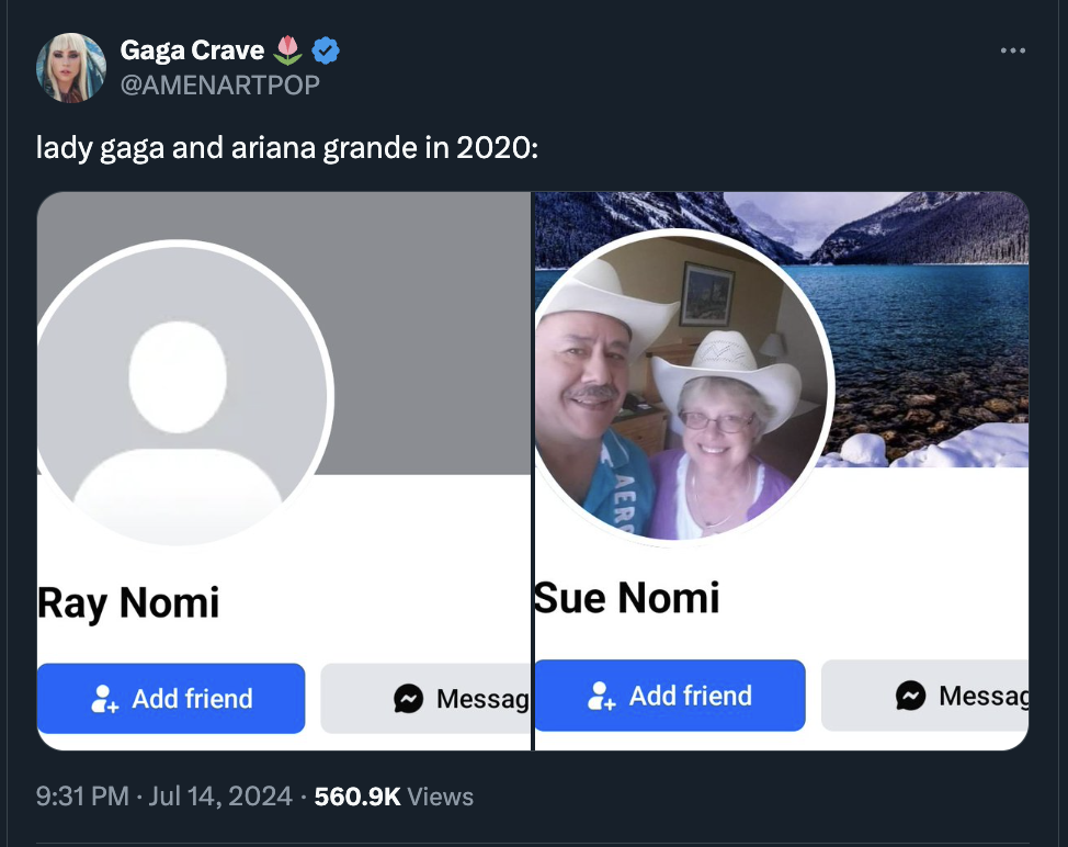 screenshot - Gaga Crave lady gaga and ariana grande in 2020 Ray Nomi Add friend Sue Nomi Messag Add friend Messag Views